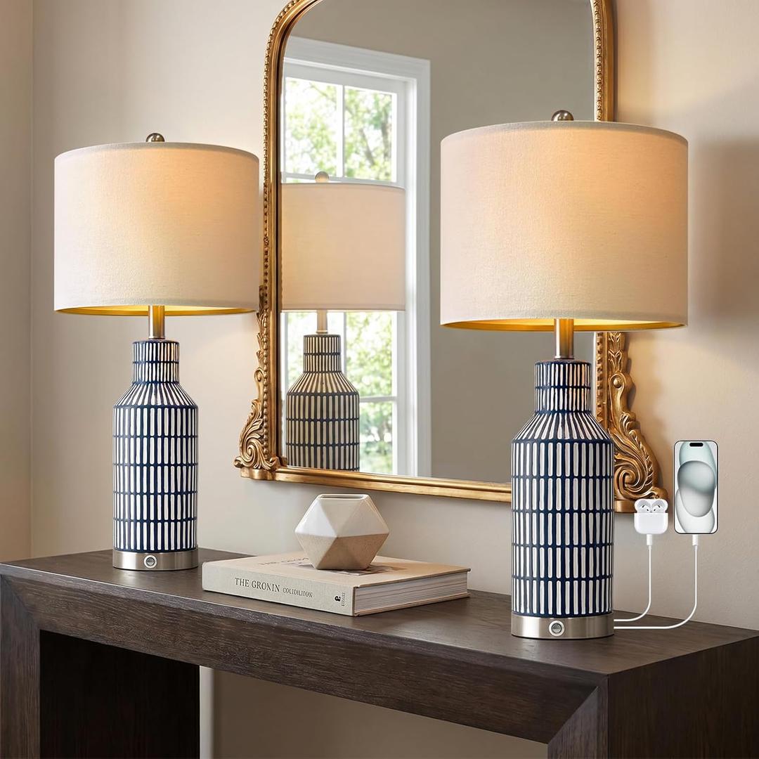 USumkky 25" Modern 3-Way Dimmable Touch Control with USB A+C Ceramic Lamps Set of 2 Table Lamp for Living Room Bedroom Farmhouse Nightstand Bedside Blue