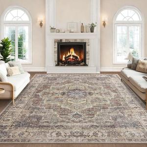 Area Rug 6x9 for Living Room - Machine Washable Non-Slip Vintage Rugs for Bedroom - Low Pile Thin Large Floor Carpet for Dinning Room Home Office,Vintage Brown