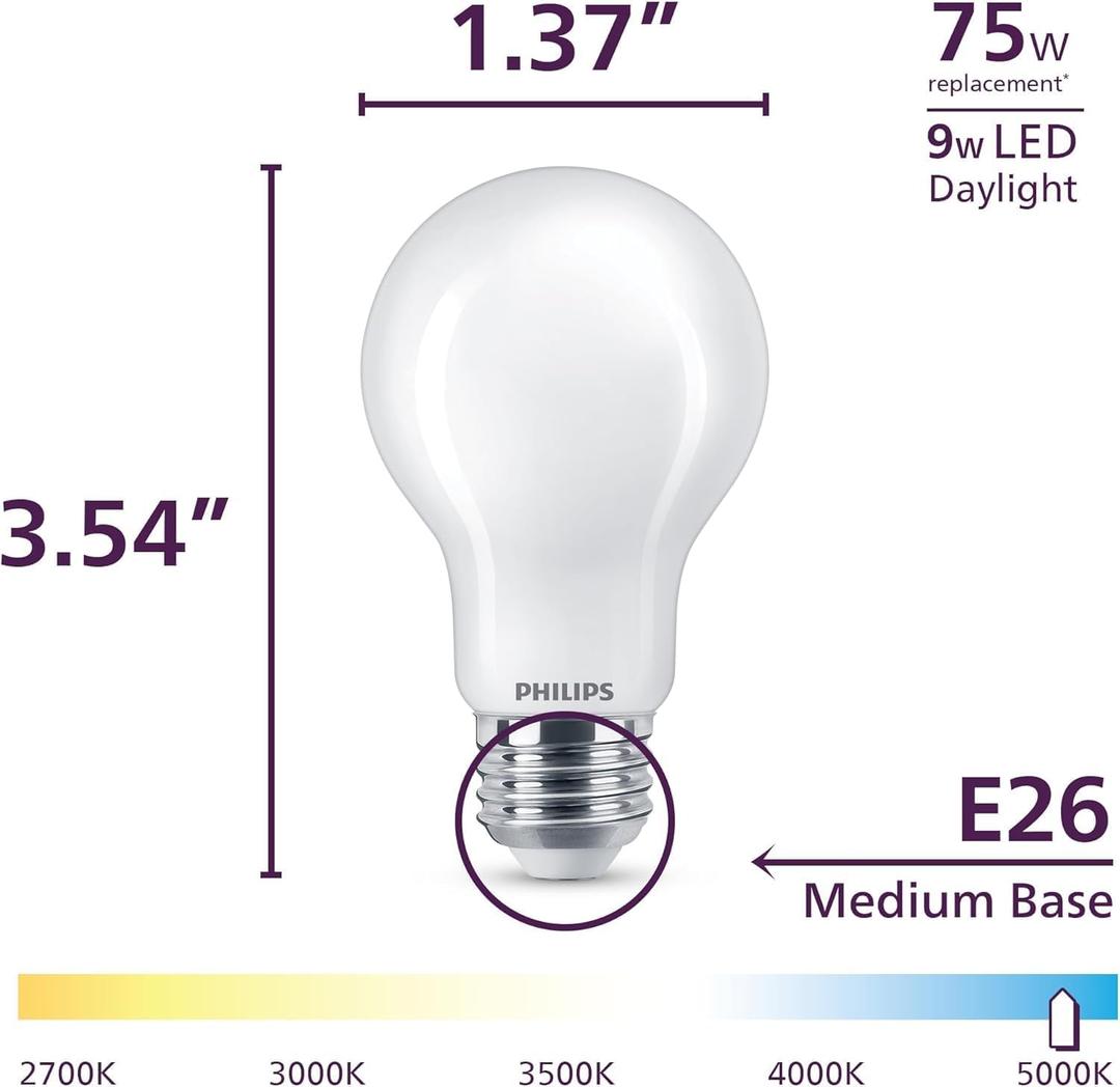 PHILIPS LED A19 Selectable White Dimmable LED Light Bulbs, 1500 Lumen, Flicker-Free 60w Soft White E26 Base Bulb with EyeComfort Technology, 6500K, Dimmable Lamp, 1 Pack