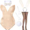 Anime Womens Bunny Girl Costume One Piece Bodysuit Halloween Cosplay Catsuit Bunny Headband Stockings Set (Small, Beige)