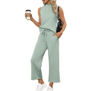 SAMPEEL Two Piece Sets for Women Summer Outfits Lounge Sets Mock Neck Tops Wide Leg Crop Pants Vacation Travel Outfits (Small, Sage Green)