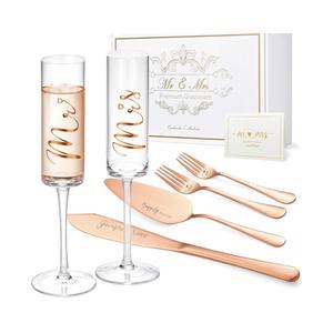 ROXBURGH Wedding Cake Knife and Server Set, Bride and Groom Mr and Mrs Champagne Flutes & Forks with Giftable Box, Cake Cutting Set for Wedding Engagement Bridal Shower Gifts
