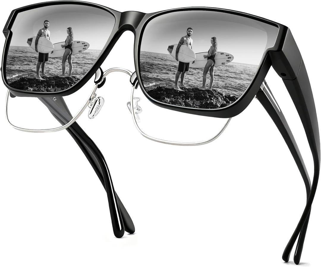 URUMQI Polarized Sunglasses Fit Over Glasses for Men Women, Oversized Square Sun Glasses UV400 Protection (01 Matte Black Frame/Grey Lens)