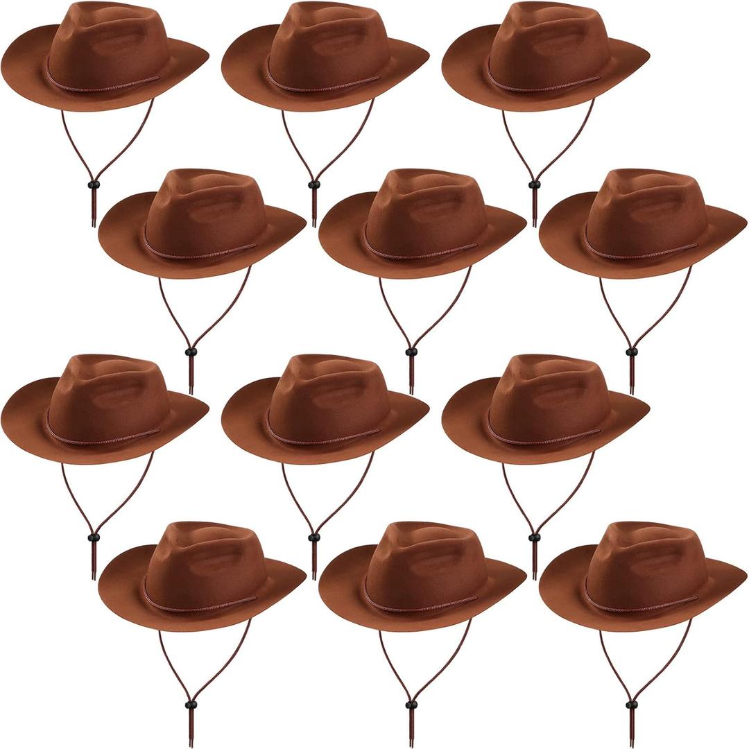 Hicarer 12 Pieces Western Cowboy Hat Set Plastic Felt Wide Brimmed Felt Cowgirl Party Hat for Men Women Costume Party (Brown)