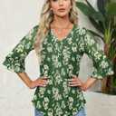 Rapbin Women Dressy Blouse 3/4 Sleeve Tiered Bell Sleeve Double Layers Mesh Shirt Trendy Flowy Tunic (Small, A2 Green Yellow Floral)