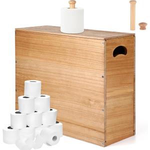 Bokon 32l Wooden Toilet Paper Holder with Lid and Handle, Natural