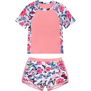 ESHOO Girls Rash Guard Swimsuit Kids 2-Piece Bathing Suit UPF 50+ Summer Beach Swimwear for Teen Girls Swim Shirt Shorts Set 14T