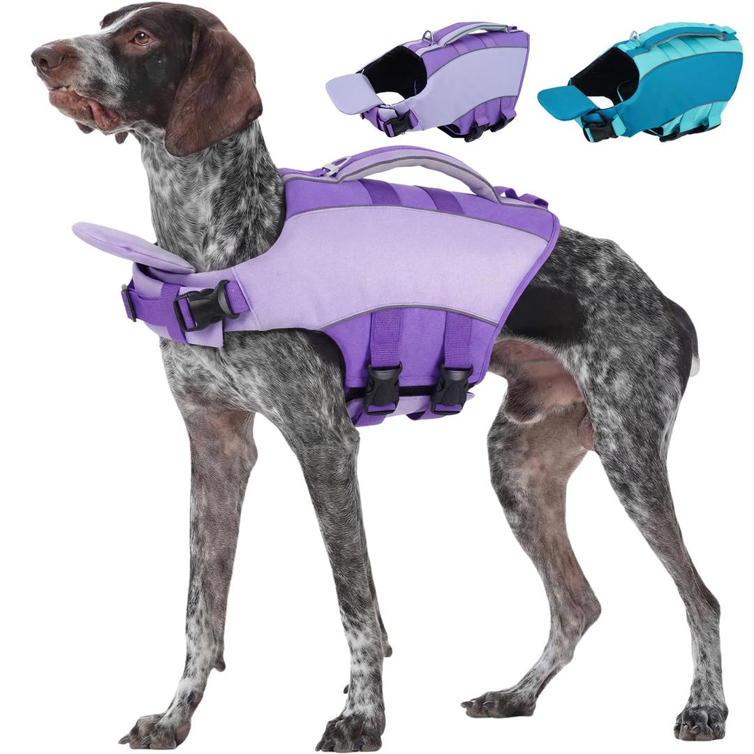 Kuoser Dog Life Jacket, Front Float Dog Life Vest for Swimming Boating, Reflective Pet Swim Suit with Rescue Handle & D-Ring & Chin Float for Small Medium Large Dogs, Purple 2XL