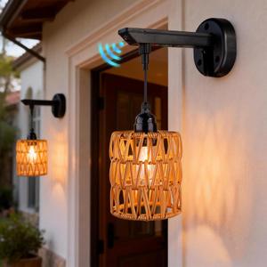 Solar Outdoor Wall Lights, 2 Pack Boho Rattan Lantern Wall Sconce, IP65 Solar Sconce Lights Outdoor Waterproof, Motion Sensor with 3 Modes, Dusk to Dawn for Porch Patio Garage Yard Decor