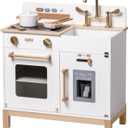 ROBOTIME Play Kitchen for Toddlers, Wooden Kids Play Kitchen Playset with Real Lights & Sounds/Ice Cube Dispenser, Pretend Play Montessori Toy Kitchen, Gift for Ages 3+ (White)