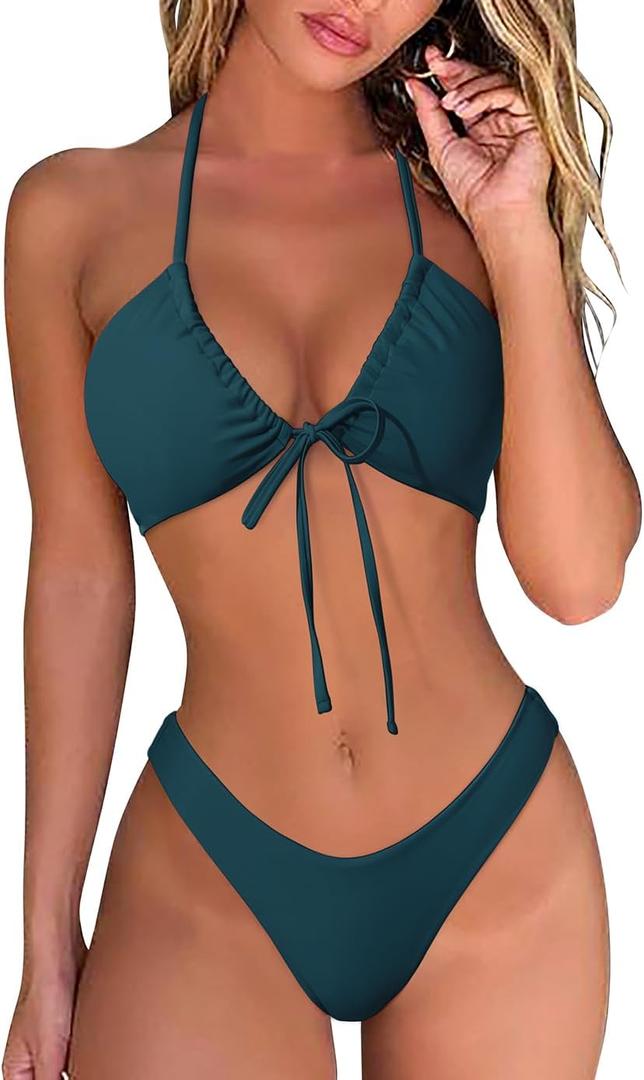 OMKAGI Women Sexy Thong Bikini Swimsuit Set Push Up String Brazilian Bathing Suits (Medium, Peacock Blue)