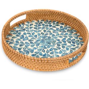 Round Rattan Tray with Handle, Rattan Serving Tray with Mother of Pearl Inlay Wooden Base, Decorative Wicker Basket for Table Decor (Blue Leaves)