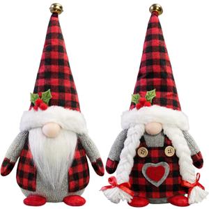 Christmas Gnomes Plush with Red Buffalo Check,2 Pack Handmade Christmas Valentine Tomte Swedish Scandinavian Figurine Nordic Gnomes Plush Christmas Elf Doll Xmas Ornaments for Home Decor