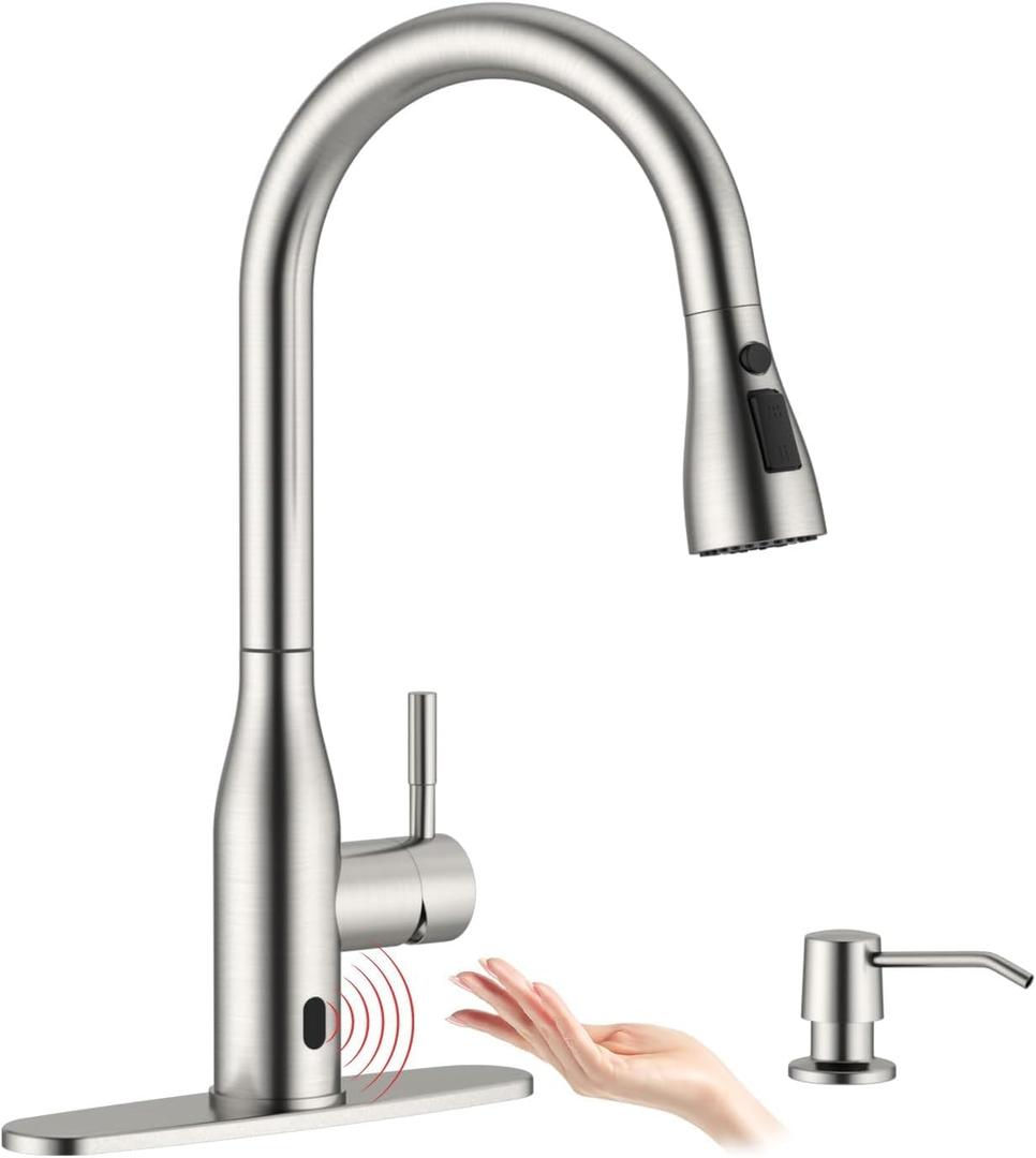 APPASO Touchless Kitchen Faucet with Pull-Down Sprayer, Kitchen Sink Faucet Touchless Brushed Nickel, Single Handle Hands-Free Motion Sensor Faucets Suitable for 1 or 4-Hole Sink, Stainless Steel