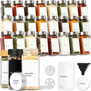 KIVY Glass Spice jars with Label & Shaker Lids [24x 4oz] Airtight Seasoning Containers for Cabinet & Drawer - Empty Spice Bottles - Seasoning jars with labels - Spice jars with stainless steel lids