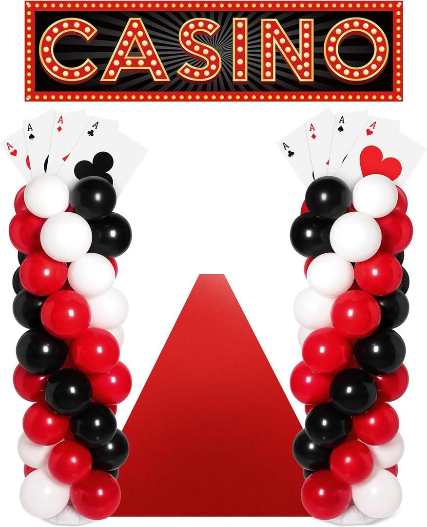 Zhanmai 138 Pcs Casino Theme Party Decorations Set 8 Jumbo Poker Cards Casino Balloon Column Stand Kit Casino Theme Banner Red Carpet for Game Night Birthday Party Supplies
