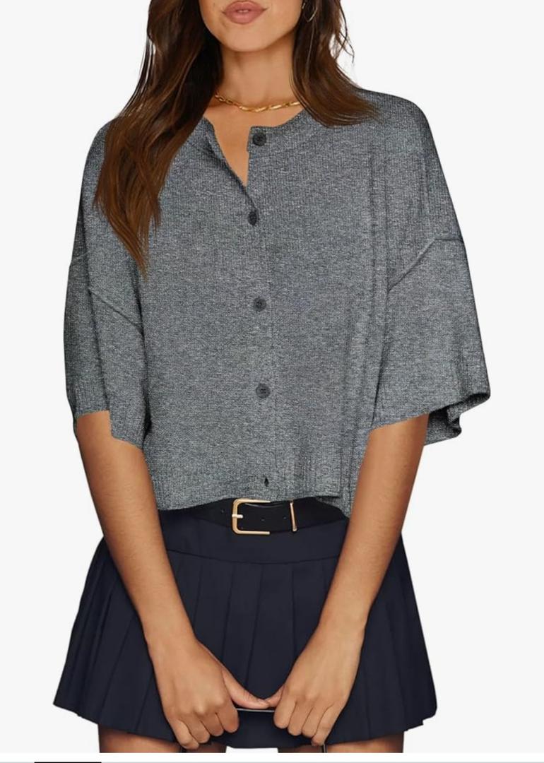 Cicy Bell Womens Half Sleeve Cardigan Sweaters Cropped Button Down Tops Oversized Lightweight Ribbed Knit Summer Outfits S, Dark Grey