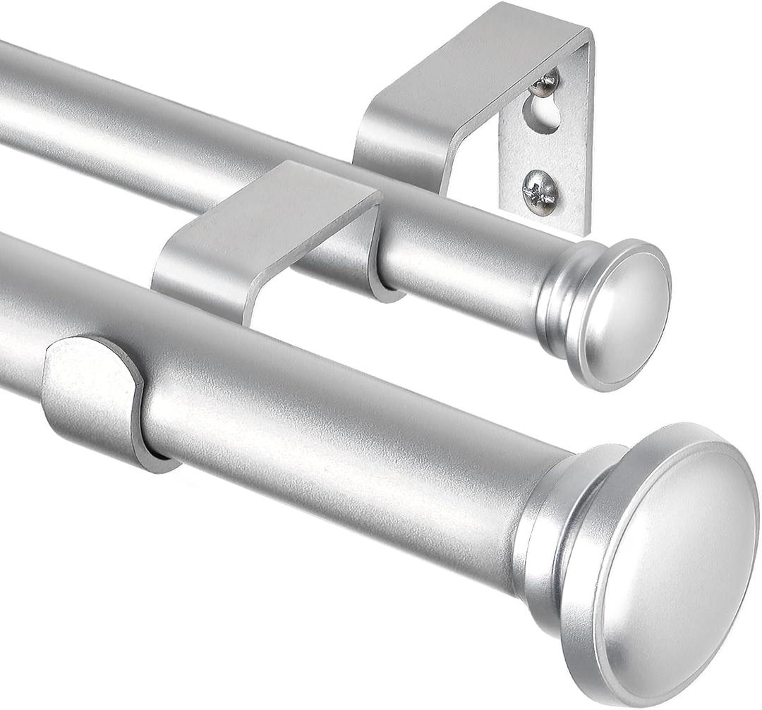 TONIAL 1 Inch Double Curtain Rods 66 to 120 Inches (5.5 to 10ft), Heavy Duty Decorative Drapery Rod Telescoping Splicing Dual Rod with Small Cap Finial, Silver