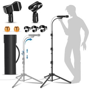 Mic Stand Detachable Gooseneck Microphone Stand Floor Height Adjustable from 24 to 67 for Kids with 2 Mic Clips for Singing Lecture Stage Wedding (1 Pack)