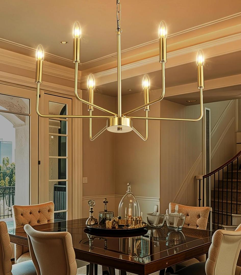 LED Chandelier for Dining Room Gold Metal Pendant Chandeliers Light Fixtures for Bedroom Entryway Living Room Ceiling Hanging Lights 6-Light