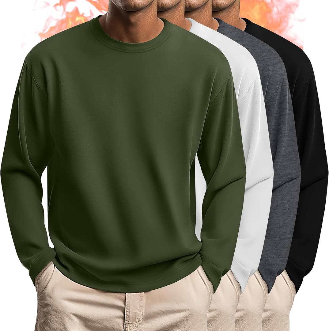 4 Pack Mens Big and Tall Thermal Shirts Fleece Lined Long Sleeve Loose Fit Undershirts Crewneck Casual Plus Size Top (5X-Large, Army Green, White, Dark Gray, Black)