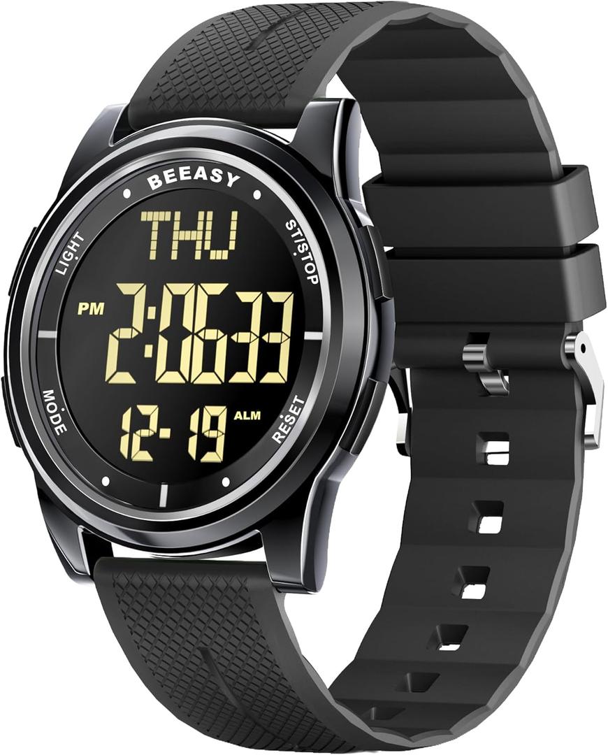 Beeasy Digital Watch for Men Women, 50M Waterproof Ultra-Thin Lightweight Silicone 44mm Sports Watch with Alarm, Stopwatch and Countdown Timer, Ideal for Gym, Running, School and Daily Wear (Metal-Black dial)