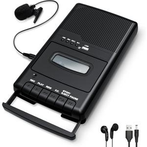 Cassette Player Recorder & Converter,Recording to USB/Tape from Mic, Convert Tapes to WAV Digital via USB Drive, Portable Tape Player with Collar Mic, Retractable Handle, 3.5MM Earphone Jack, REM Port (Black)