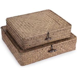 Hipiwe Set of 2 Flat Woven Wicker Storage Bins with Lid Natural Seagrass Basket Multipurpose Home Boxes for Shelf Organizer (Coffee)
