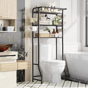 Simple Trending Over The Toilet Storage Cabinet, Metal Bathroom Shelf Organizer with Paper Holder and Hooks, 3 Tier, Black