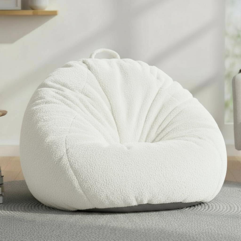 Faux Rabbit Fur Bean Bag Chair Cover Only (No Filler), Stuffed Animal Storage Bean Bag Cover, UltraSoft, Washable, Zippered, NonSlip Bottom, Handle,Living Room Furniture for Adults White