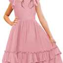 HOSIKA Girls Lace Flower Boho Ruffle Sleeve A-Line Tiered Summer Dress for Wedding Party with Pockets, Pink, 8-9 