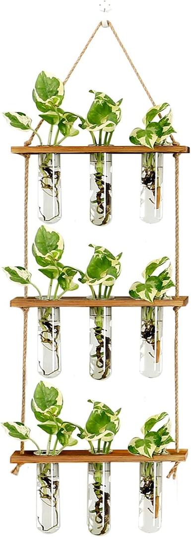 XXXFLOWER Wall Hanging Propagation Station with Wooden Stand Glass Test Tubes Tiered Planters Wall Terrarium for Home Office Plant Hanger Flower Vases Wall Decor Hydroponic Cuttings (9 Tube Vases) (Brown)