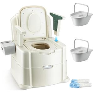 Bedside Commode, Portable Toilet for Adults, Commode Chair for Toilet with Arms, Height Adjustable, 2 Toilets and Induction Night Light, Potty Chair for Elderly and Disabled (White & Green)