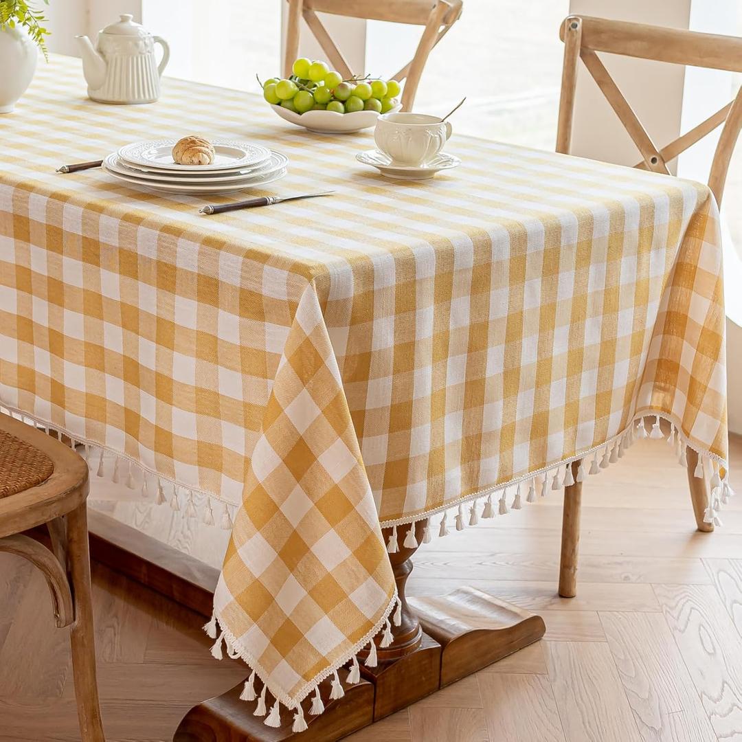 Alsoo Checkered Tablecloth Rectangle Cotton Linen Fabric Gingham Table Cloth Buffalo Plaid Table Cover with Tassel Wrinkle Free Washable for Kitchen Dining Picnic, Yellow and White, 55"X120''