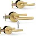 Brushed Gold Entry Door Handle with Keys, Round Design Heavy Duty Door Lever, 3 Pack Wholesale Keyed-NOT-Alike Reversible for Left/Right Handed for Entrance and Front Door, Satin Brass