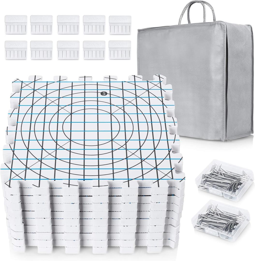 Extra Thick Blocking Mats for Wet and Steam Blocking - Includes Pack of 9, 100 T Pins, 10 Pin Blocker and Storage Bag