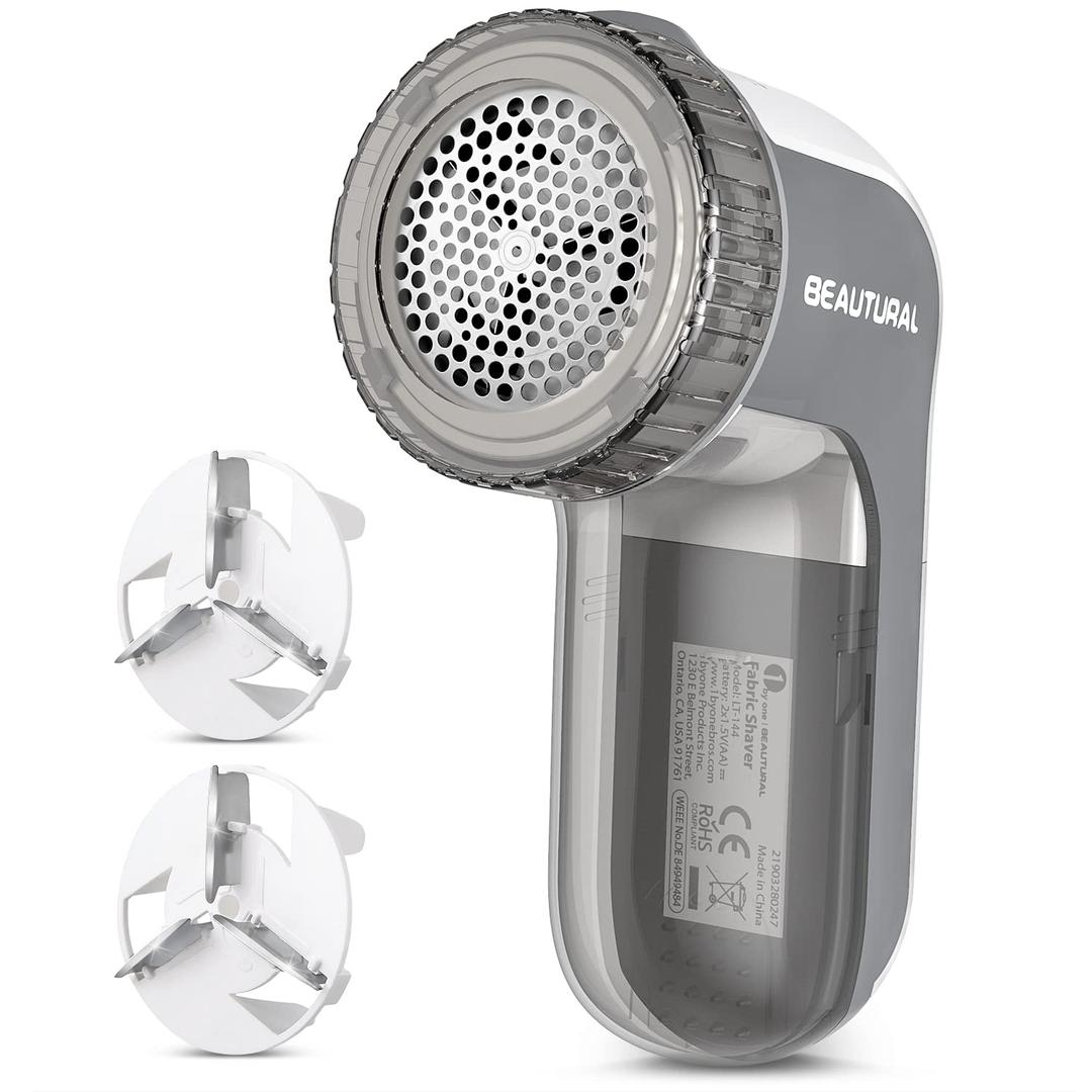BEAUTURAL Fabric Shaver and Lint Remover, Sweater Defuzzer with 2Speeds, 2 Replaceable Stainless Steel Blades, Battery Operated, Remove Clothes Fuzz, Lint Balls, Pills, Bobbles Gray