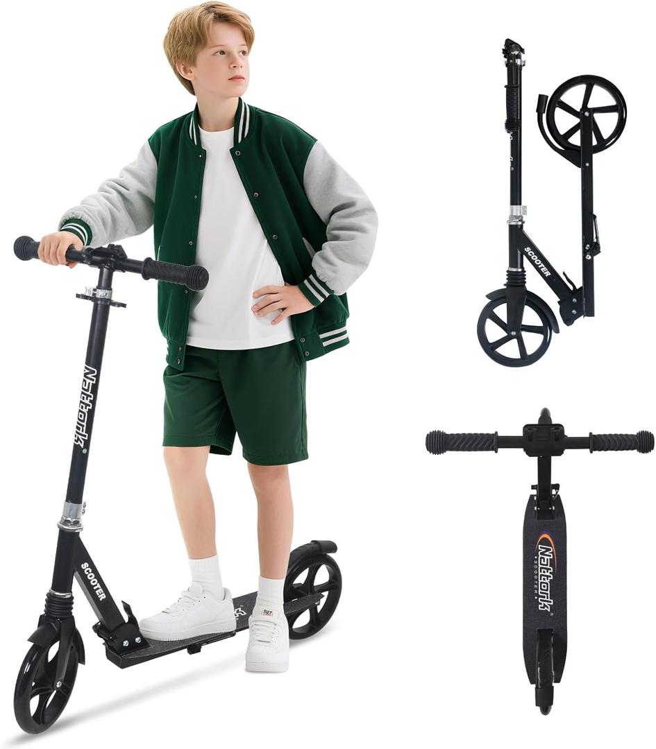 Nattork Kick Scooter for Kids 6+ Years Teens Adults - 220LB Weight Capacity, Front Shock Absorber and Adjustable Handlebar - Smooth Ride with 8" Sturdy Wheels, Ideal for Outdoor Sports (Navy Blue)