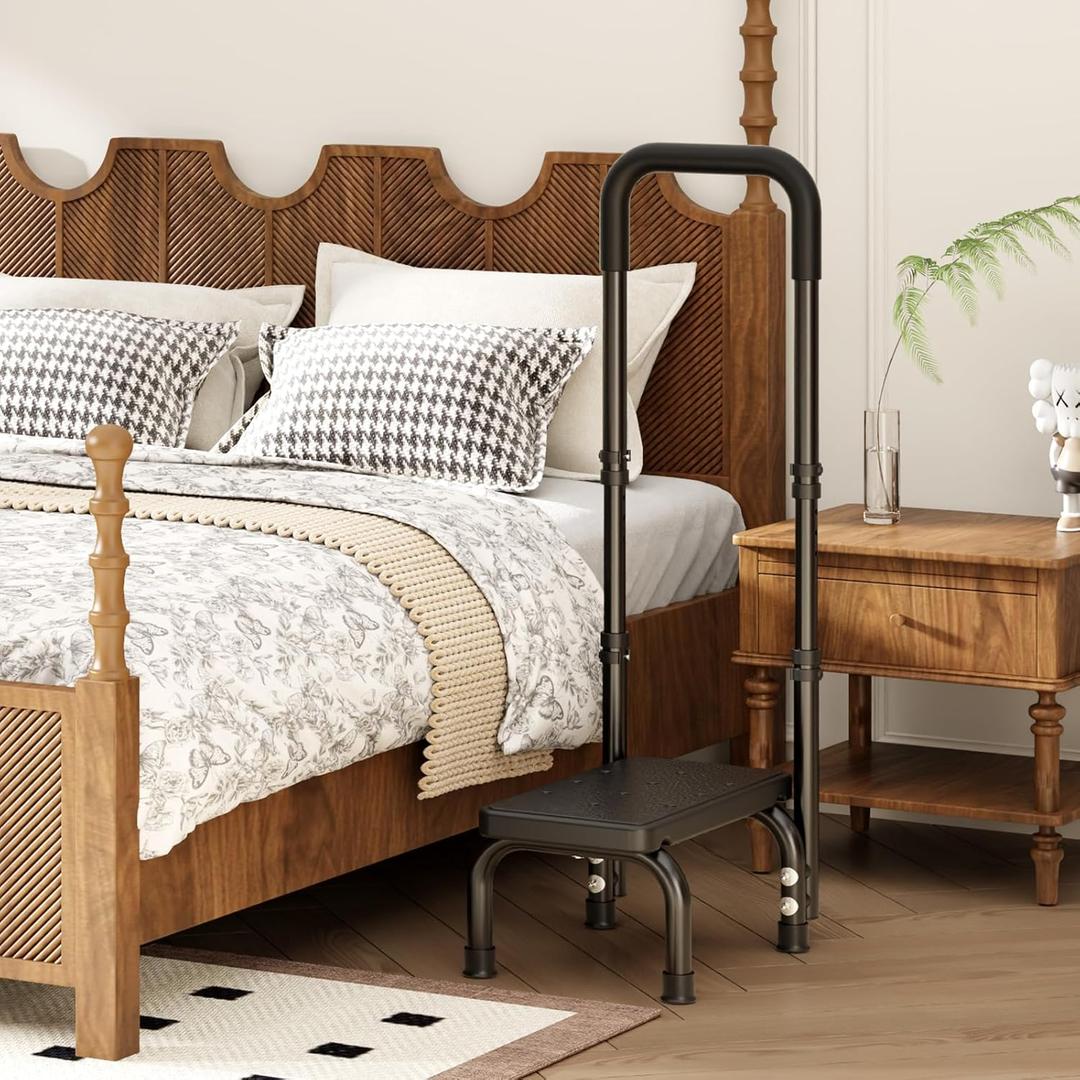 Height Adjustable Step Stool with Handle and Non-Skid Platform, Lightweight & Sturdy Standing Aid Support for Elderly, Seniors, Ideal for Bedside, Bathtub & Car Use, Holds up to 440 lbs (Black)