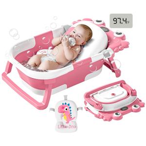 Collapsible Baby Bathtub for Newborns to Toddler with Real-time Temp Monitor & Floating Cushion, Portable Travel Tub for 0-36 Month, Foldable Baby Bath Tub for Infants Girl (Pink)