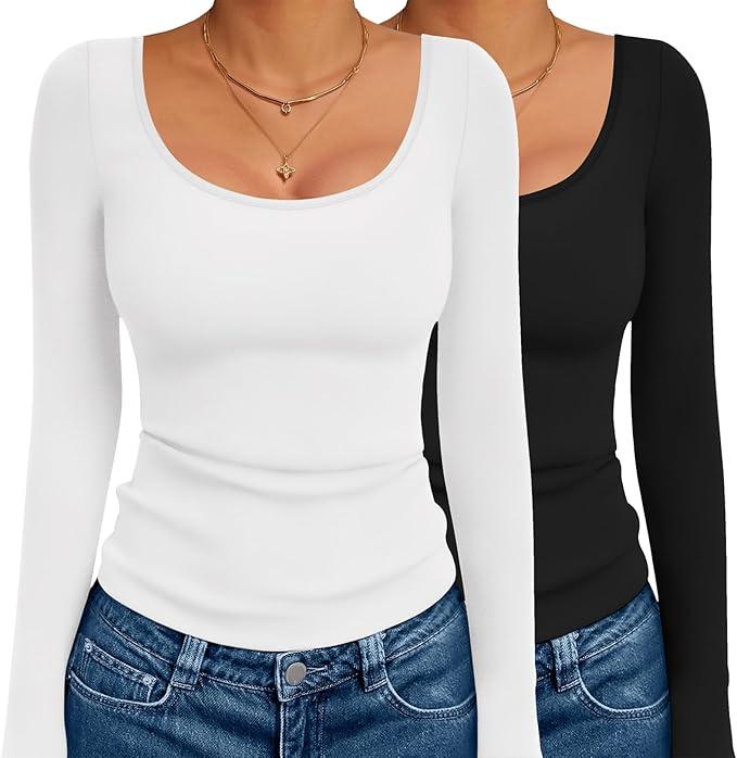 Ekouaer 2 Pack Long Sleeve Shirts for Womens Scoop Neck Tops Slim Fit Undershirts Basic Thermal Tee Shirt, S