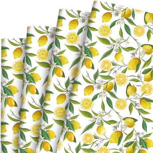 Bolsome 19 Sheets 28 * 20 Inches Lemon Wrapping Paper Yellow Green Summer Fruit Flower Patterned Gift Wrap Paper for Baby Shower Birthday Summer Holidays DIY Craft