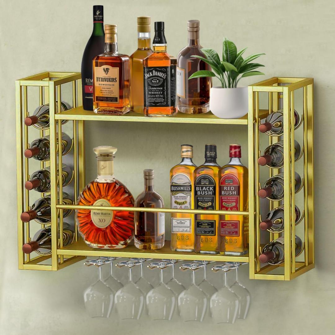 Metal Wall Mounted Rack, Hanging Floating Bottle Holder with Glass Rack, Wall Display Storage Shelf for Home Bar, Dining Room, Kitchen, Gold (25.4 in)
