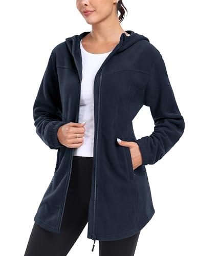 MoFiz Women's Long Fleece Zip Up Hoodies Long Sleeve Full Zip Soft Warm Polar Fleece Jacket Coat with Pocket for Fall Winter Navy Blue S