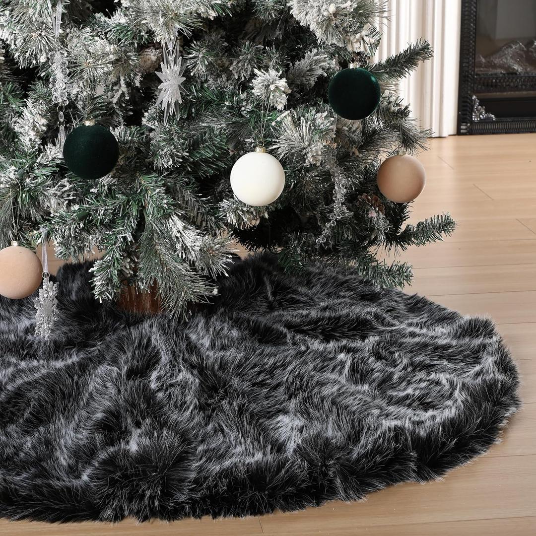 48 Inch Thick Faux Fur Christmas Tree Skirt, Plush Luxury Soft Tree Skirt for Home Xmas Party Holiday Indoor Decor(48-inch,2.6 Lb/ 1200 g, Black and White)
