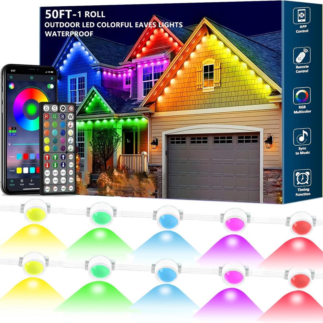 50FT Permanent Outdoor RGB Lights,Waterproof Smart LED Eaves Lights with App/Remote Control,for Christmas and All Holiday Decor,Daily and Accent Lighting,House Roof and Garden Lighting