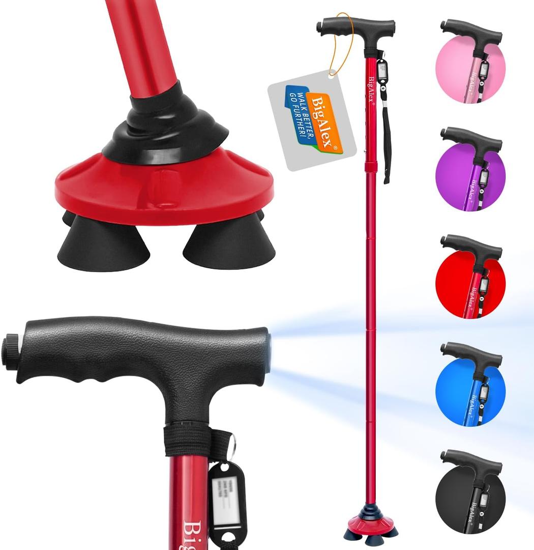 BigAlex Folding Walking Cane with LED Light,Pivoting Quad Base,Adjustable Walking Stick with Carrying Bag for Man/Woman (Alloy Base) (Red(4'9"-5'6"))