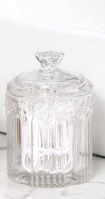 1 Pack Qtip Holder Glass Apothecary Jars with Lids Bathroom Accessories Vanity Organizers and Makeup Storage Canister for Cotton Swabs, Balls, Pads, Floss Picks, Candy, Clear