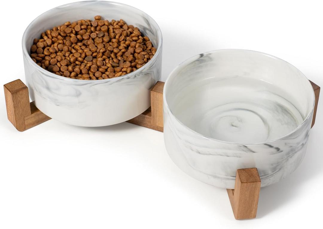 Dog Bowls Set with Wood Stand, 3.6-Cup Ceramic Pet Bowls for Medium Dogs, Weighted Food Water Bowl Set for Dog and Cat