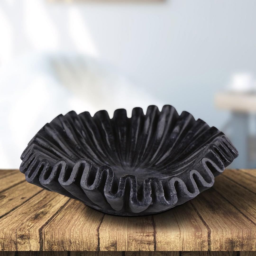 Black Marble Ruffle Bowl 6 Inches for Home Decor, Table Centerpiece, Jewellery Display Dish, Small Fluted Marble Bowl (6 Inches)